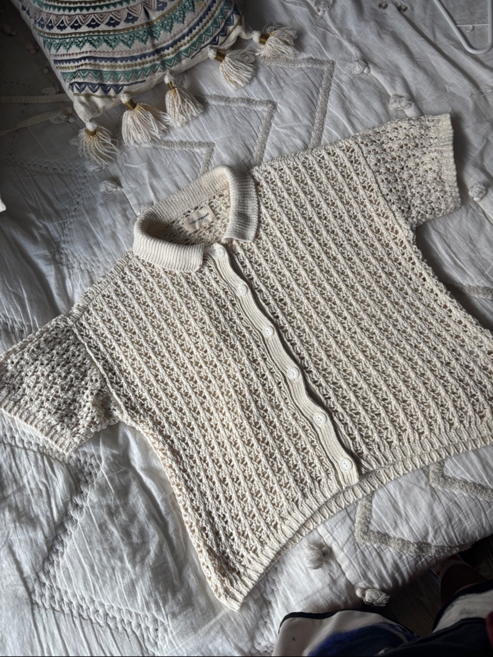 Lucky Brand Cream Crochet Short-Sleeve Button Cardigan XS